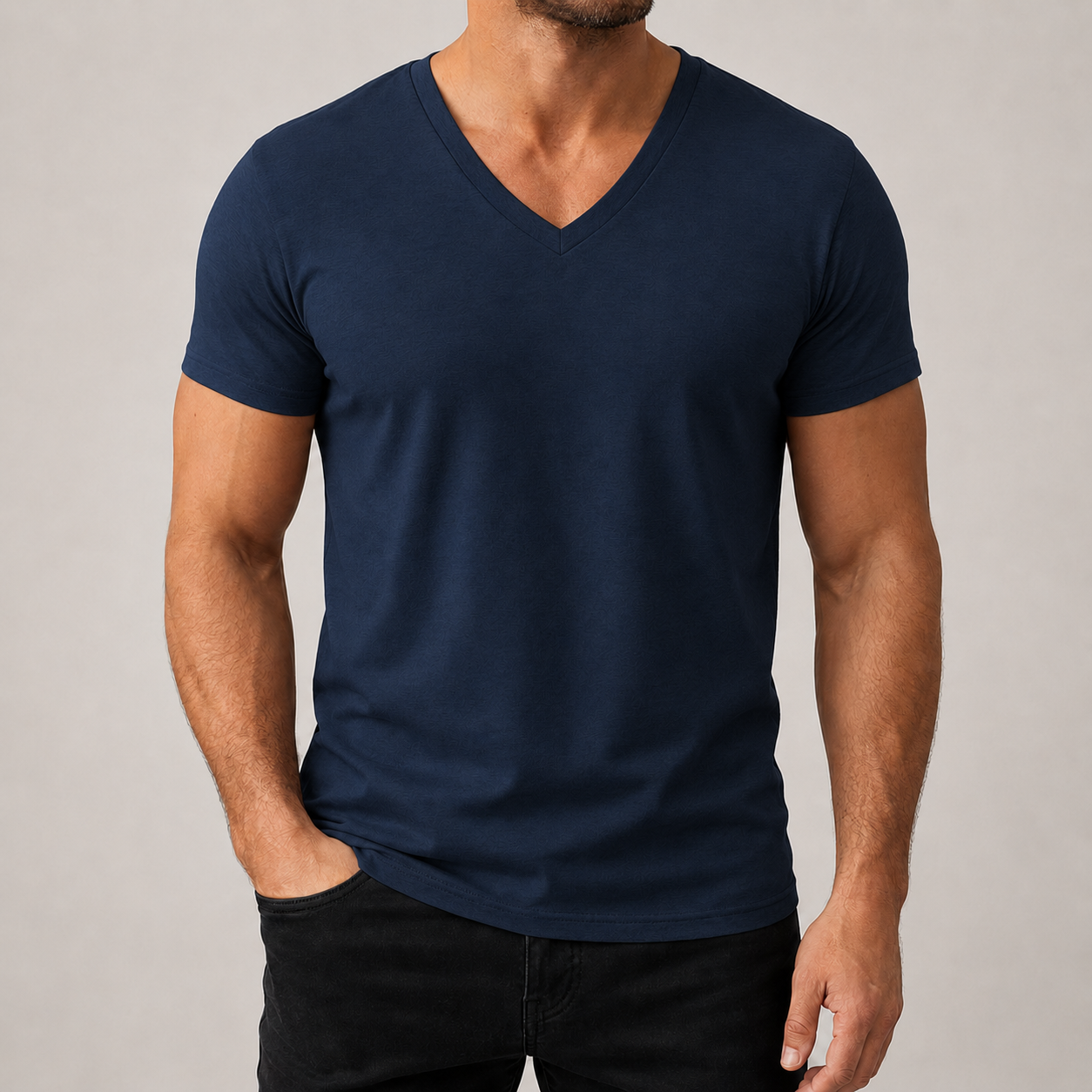 Men's navy V-neck short sleeve T-shirt