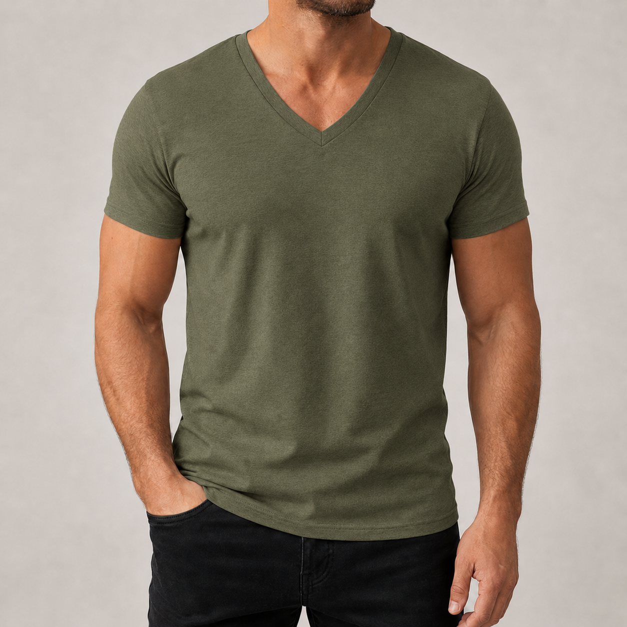 Men's olive green V-neck short sleeve T-shirt