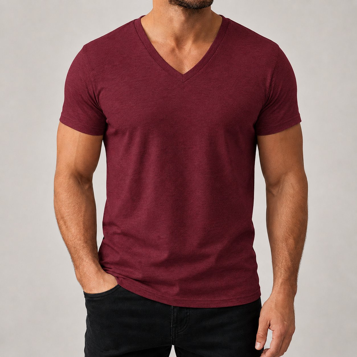 Men's burgundy V-neck short sleeve T-shirt