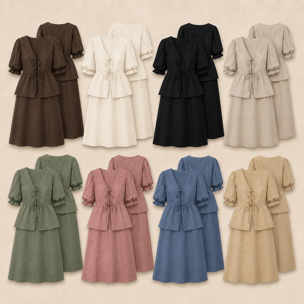Women's Tie Front Puff Sleeve Top and Maxi Skirt Set