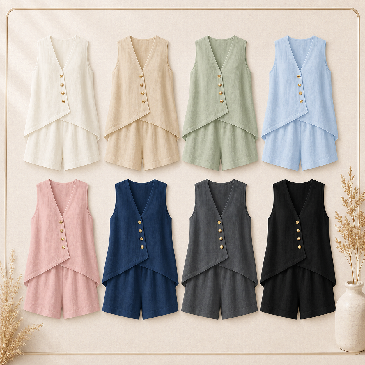 Women Textured V-Neck Button Two-Piece Short Set Bundle