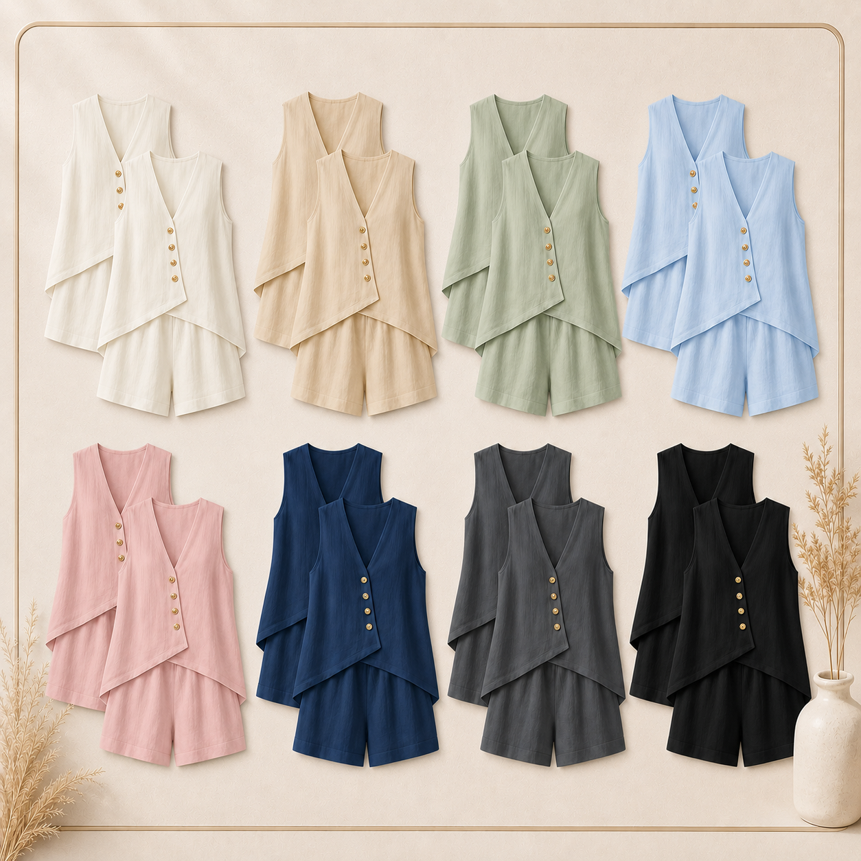 Women Textured V-Neck Button Two-Piece Short Set Bundle