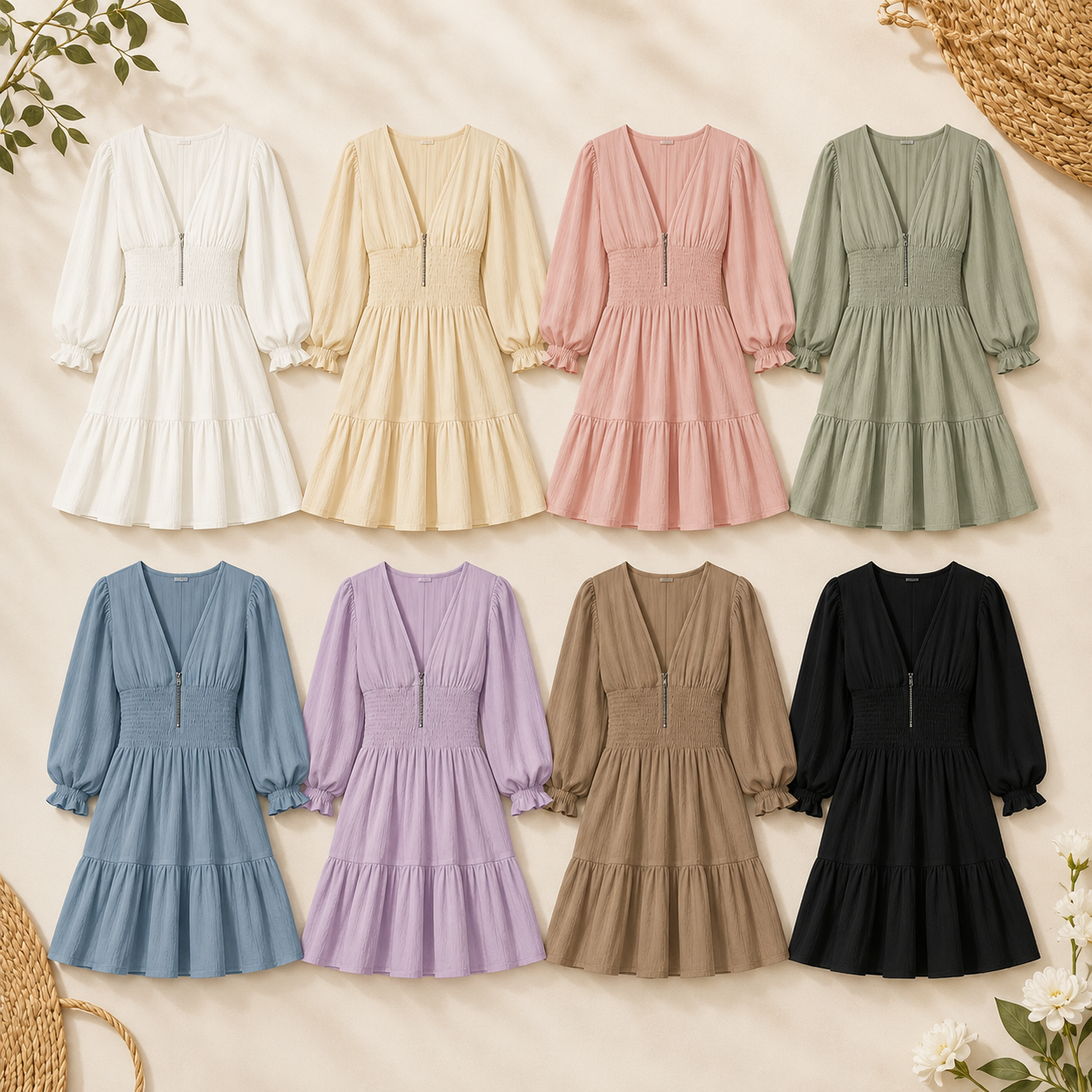 V-Neck Smocked Waist Puff Sleeve Mini Dress Pack