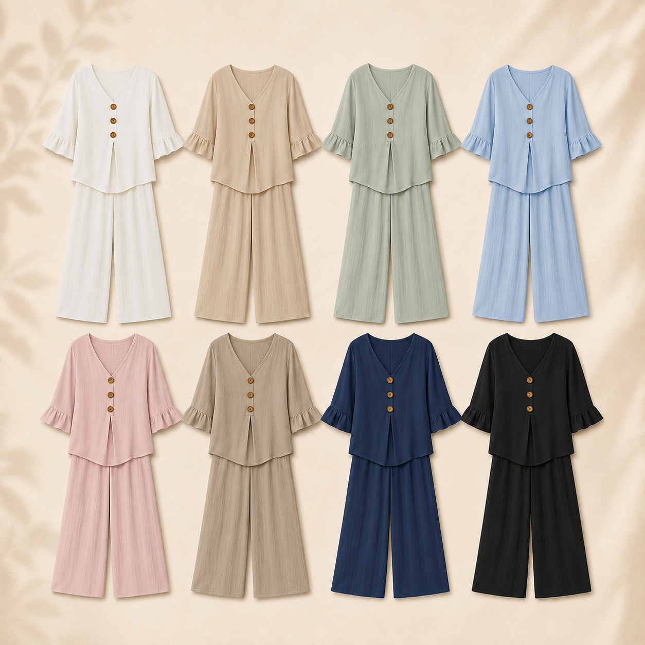 Women's V-Neck Ruffle Sleeve Two-Piece Wide Leg Pants Set
