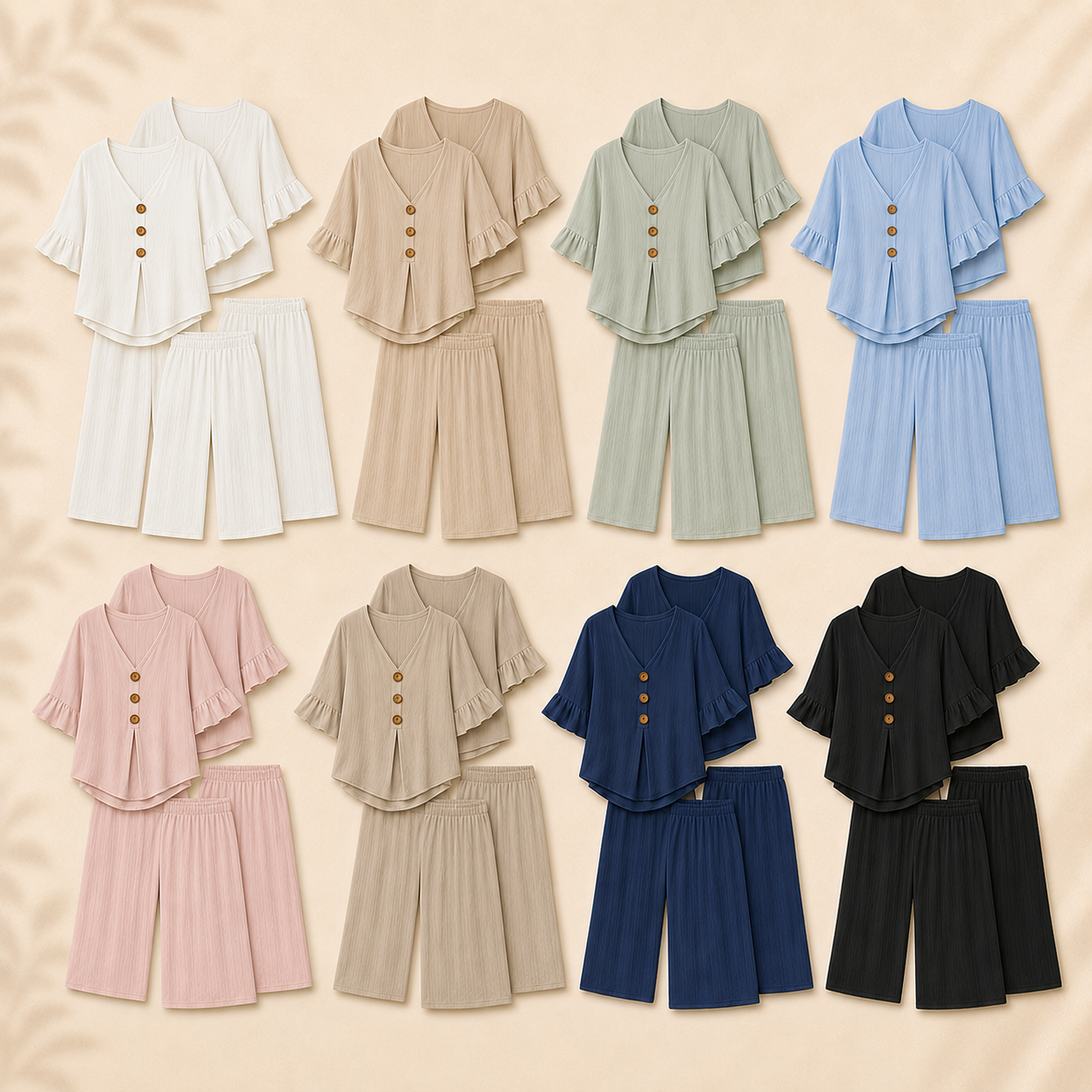 Women's V-Neck Ruffle Sleeve Two-Piece Wide Leg Pants Set