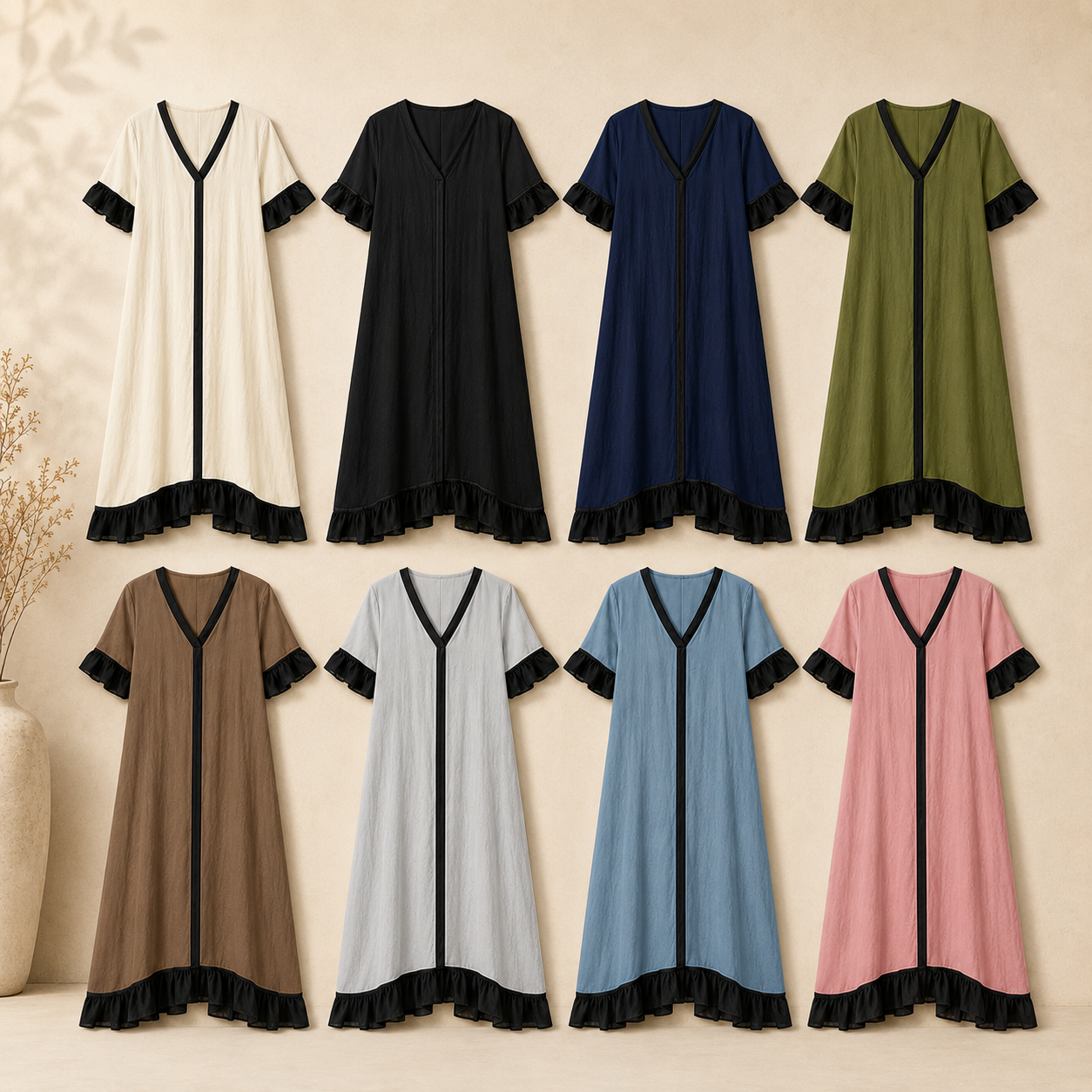 Women's Contrast V-Neck Ruffle Hem Maxi Dress Pack
