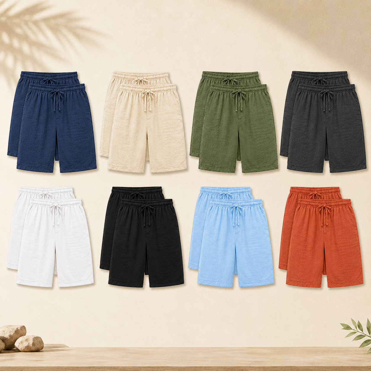 Mens Relaxed Drawstring Textured Shorts Pack