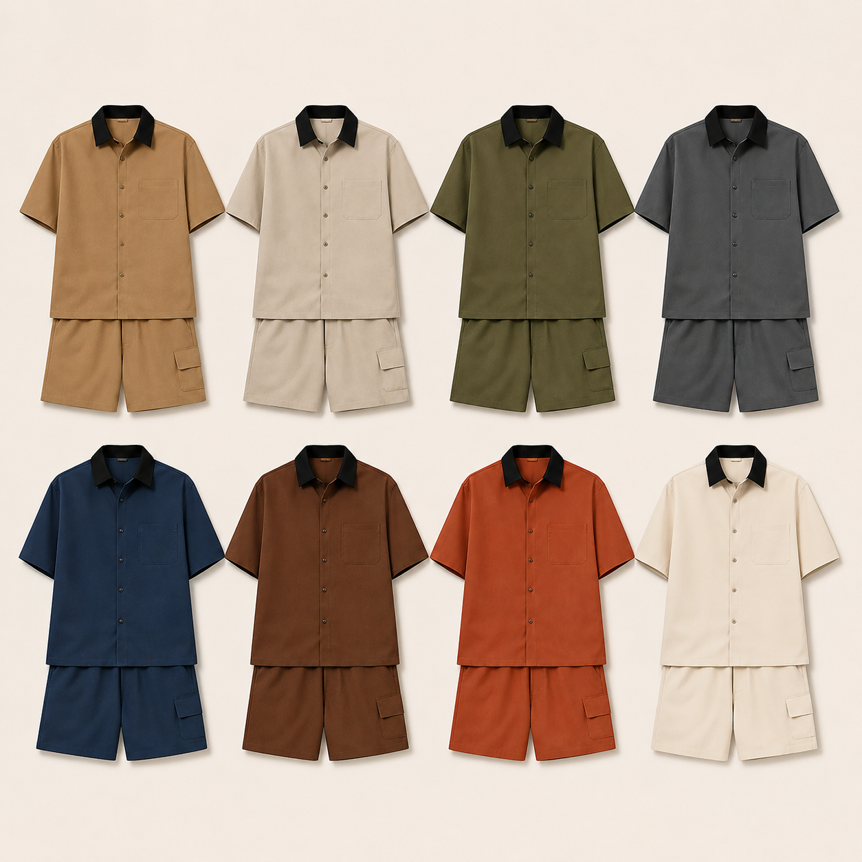 Men's Relaxed Contrast Collar Shirt and Cargo Shorts Set Bundle