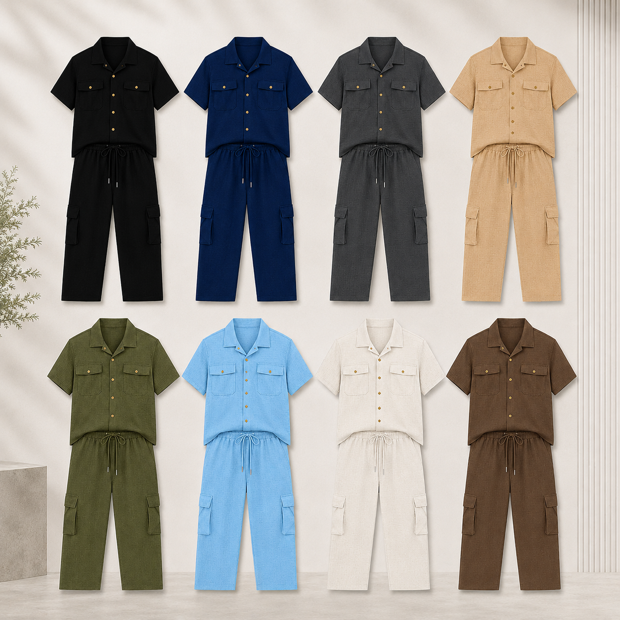 Men's Textured Short Sleeve Shirt and Cargo Jogger Pants Set