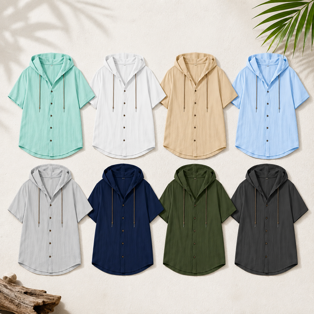 Men's Short Sleeve Hooded Button-Front Textured Shirt Set