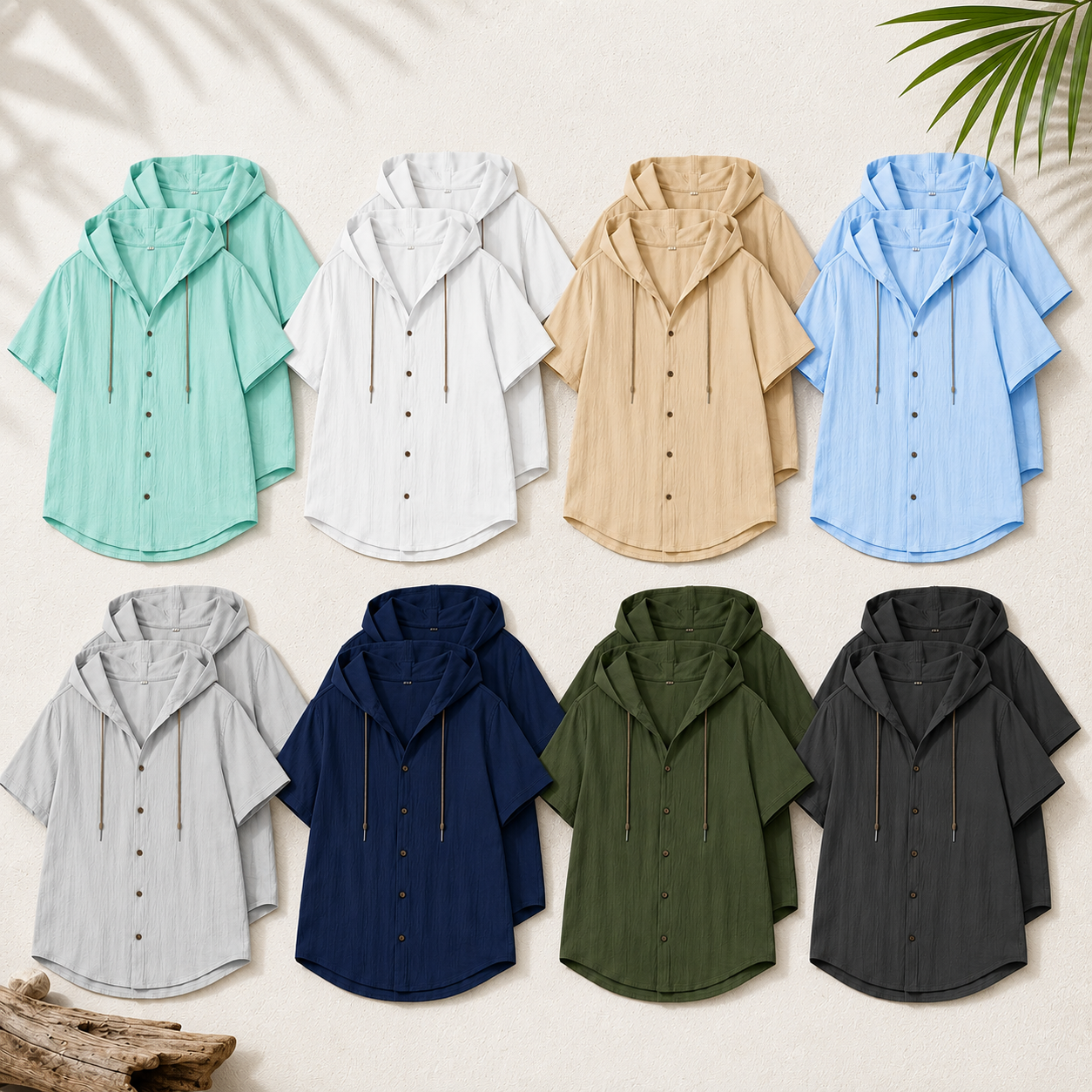 Men's Short Sleeve Hooded Button-Front Textured Shirt Set