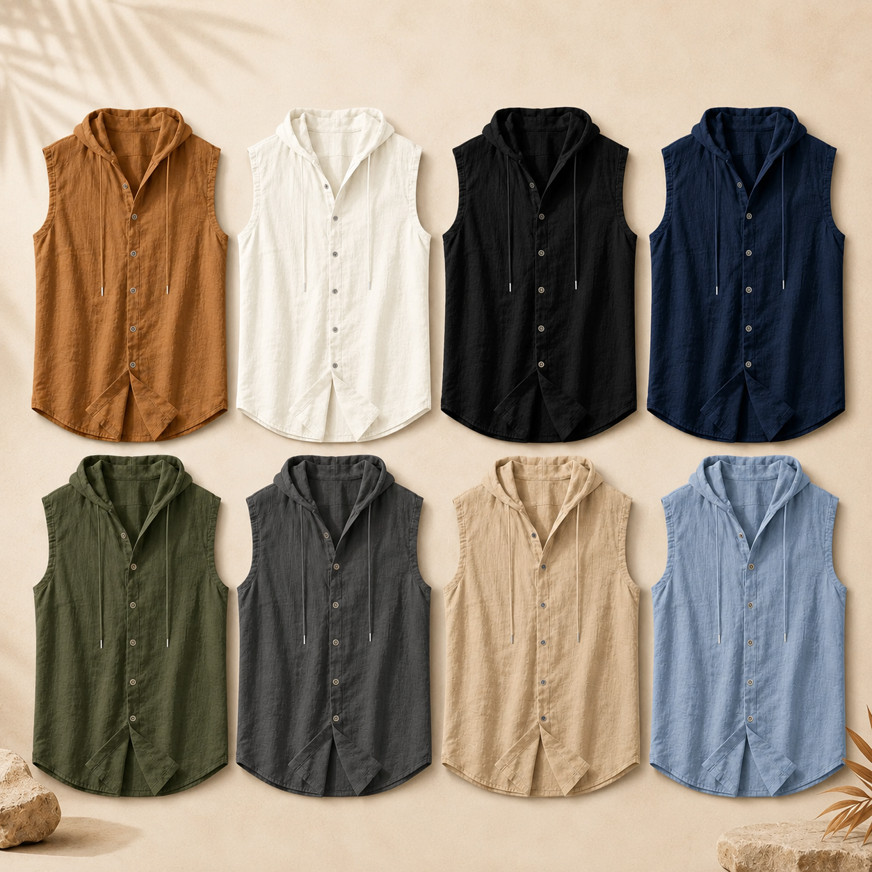 Men's Sleeveless Hooded Button-Up Shirt Set