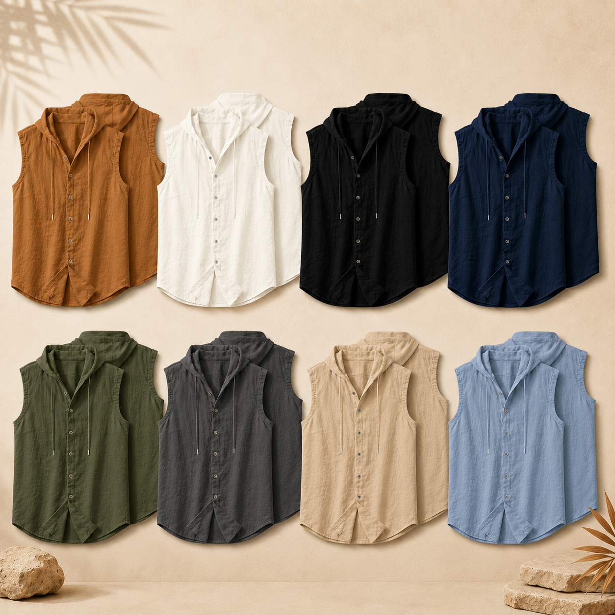 Men's Sleeveless Hooded Button-Up Shirt Set