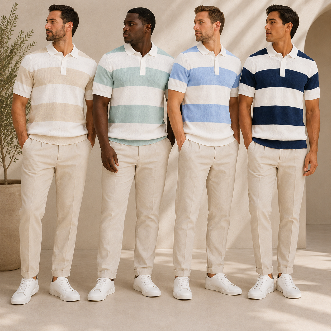 Men's striped ribbed knit polo group photo