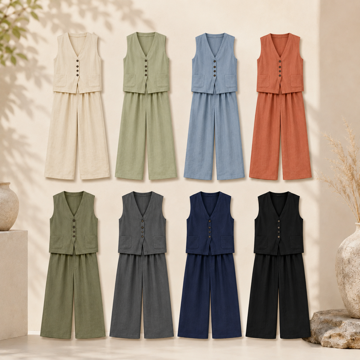 Linen-Like V-Neck Vest and Wide Leg Pants Set