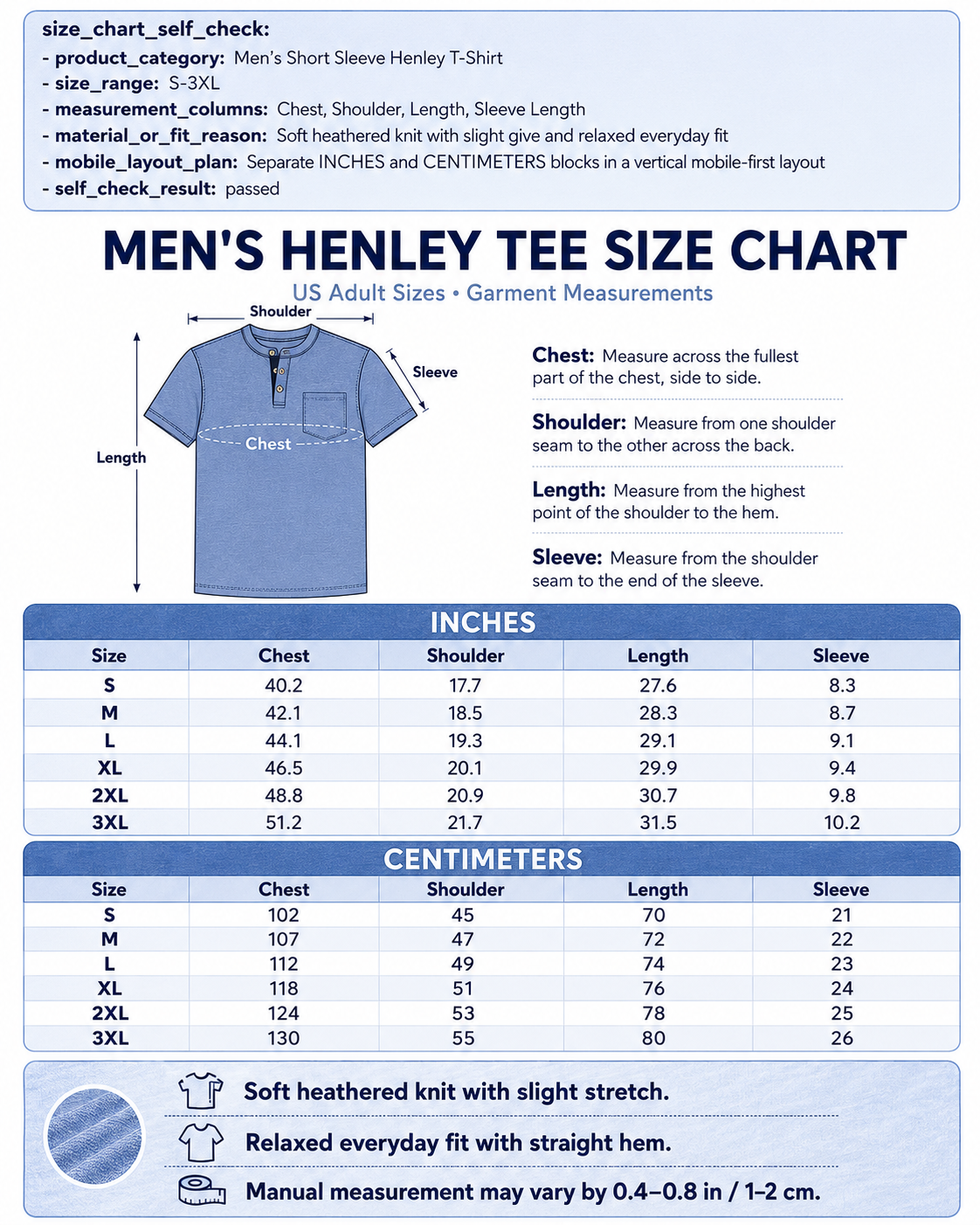 Men's Henley tee size guide image