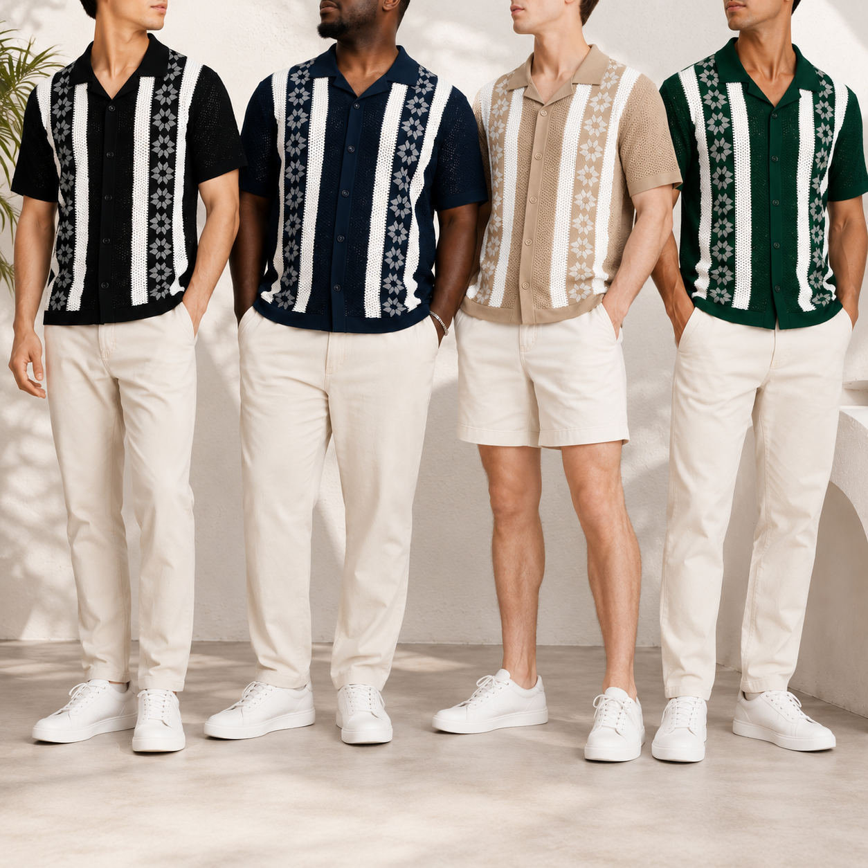 Men wearing open collar textured knit shirts in mixed colors