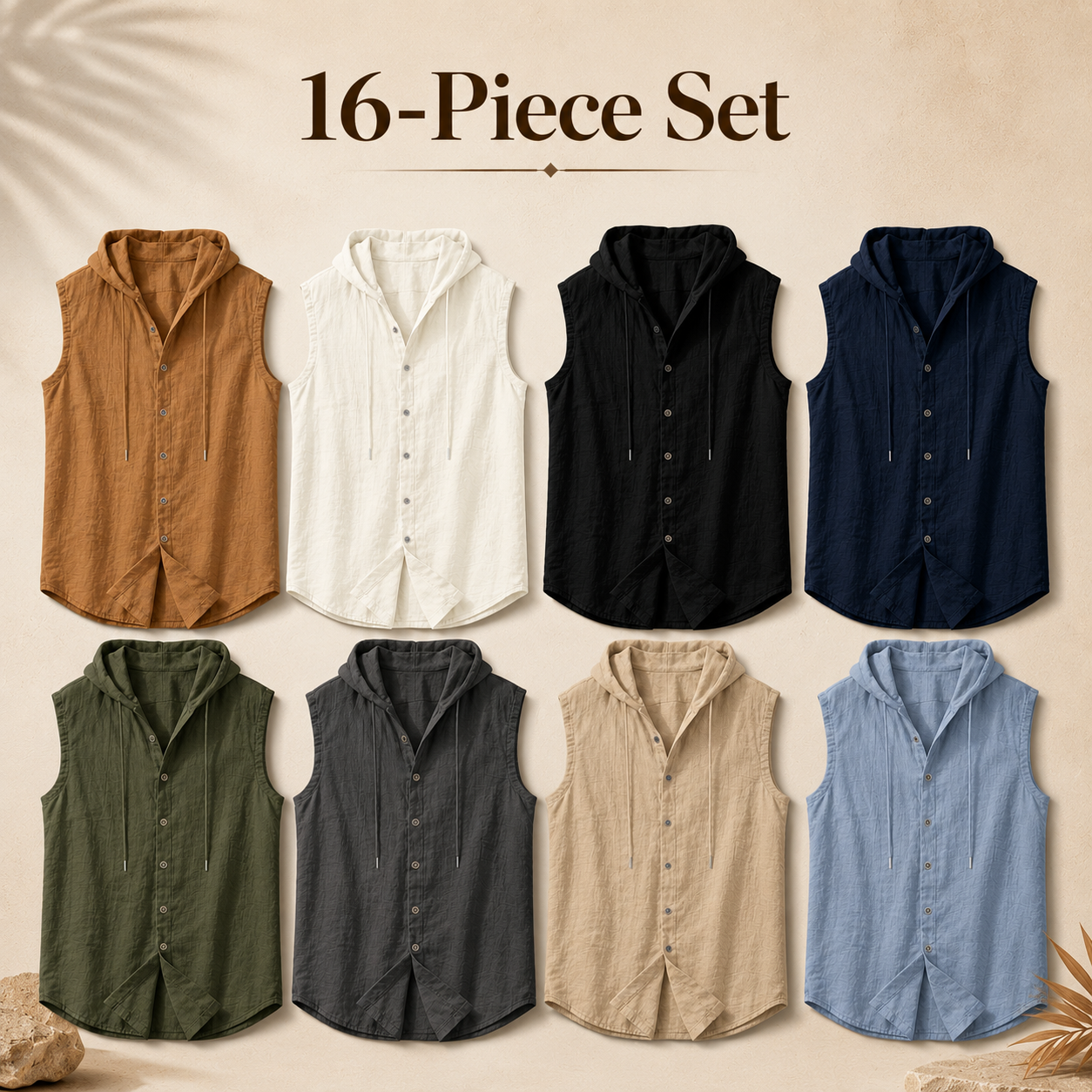 Men's sleeveless hooded button-up shirt mixed 16-pack