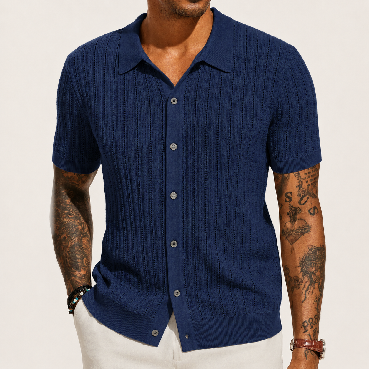 Navy Blue openwork knit button-up shirt