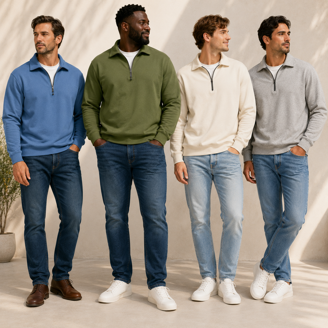 Four men wearing quarter zip pullover sweatshirts in assorted colors