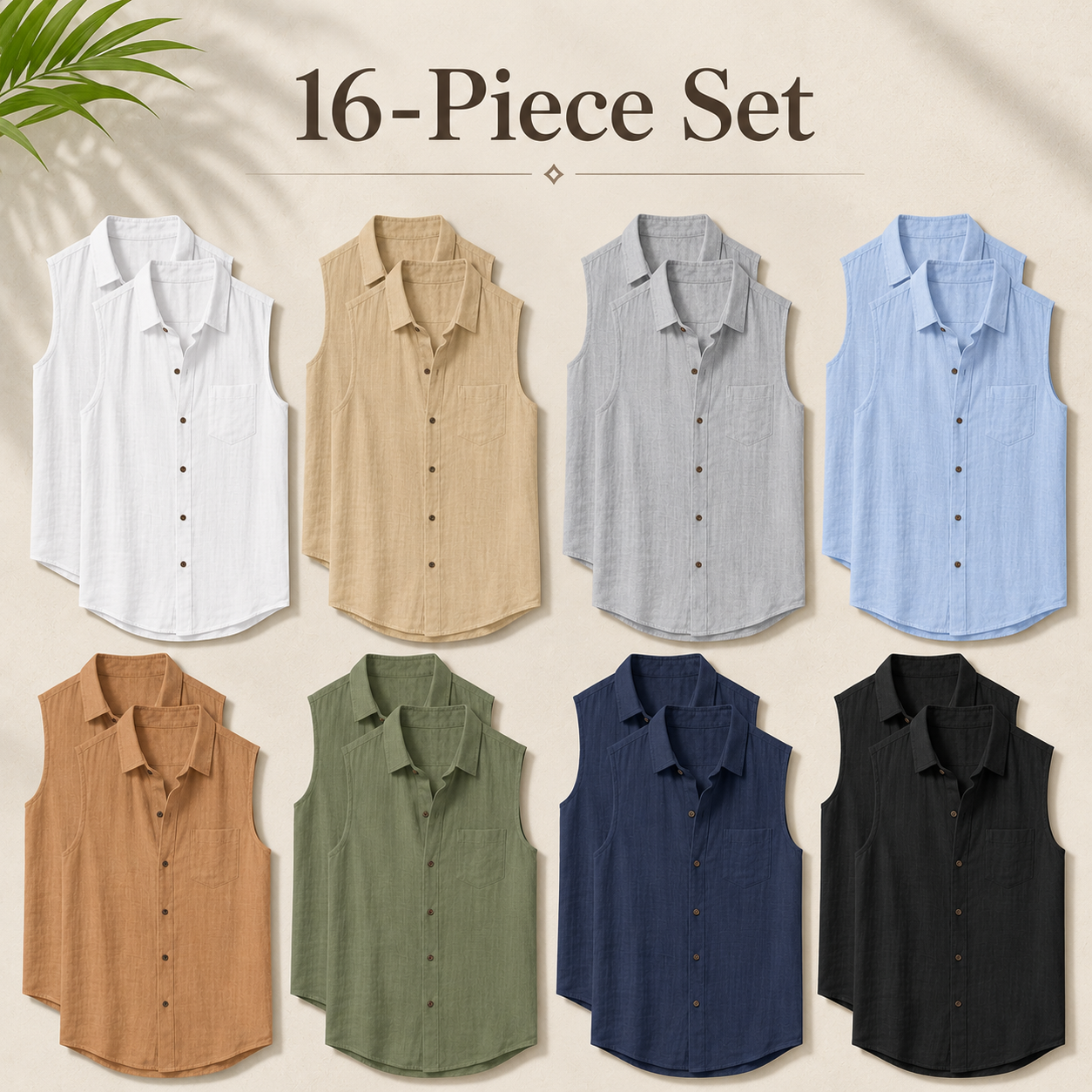 Men's sleeveless button-up shirt and shorts mixed 16-pack