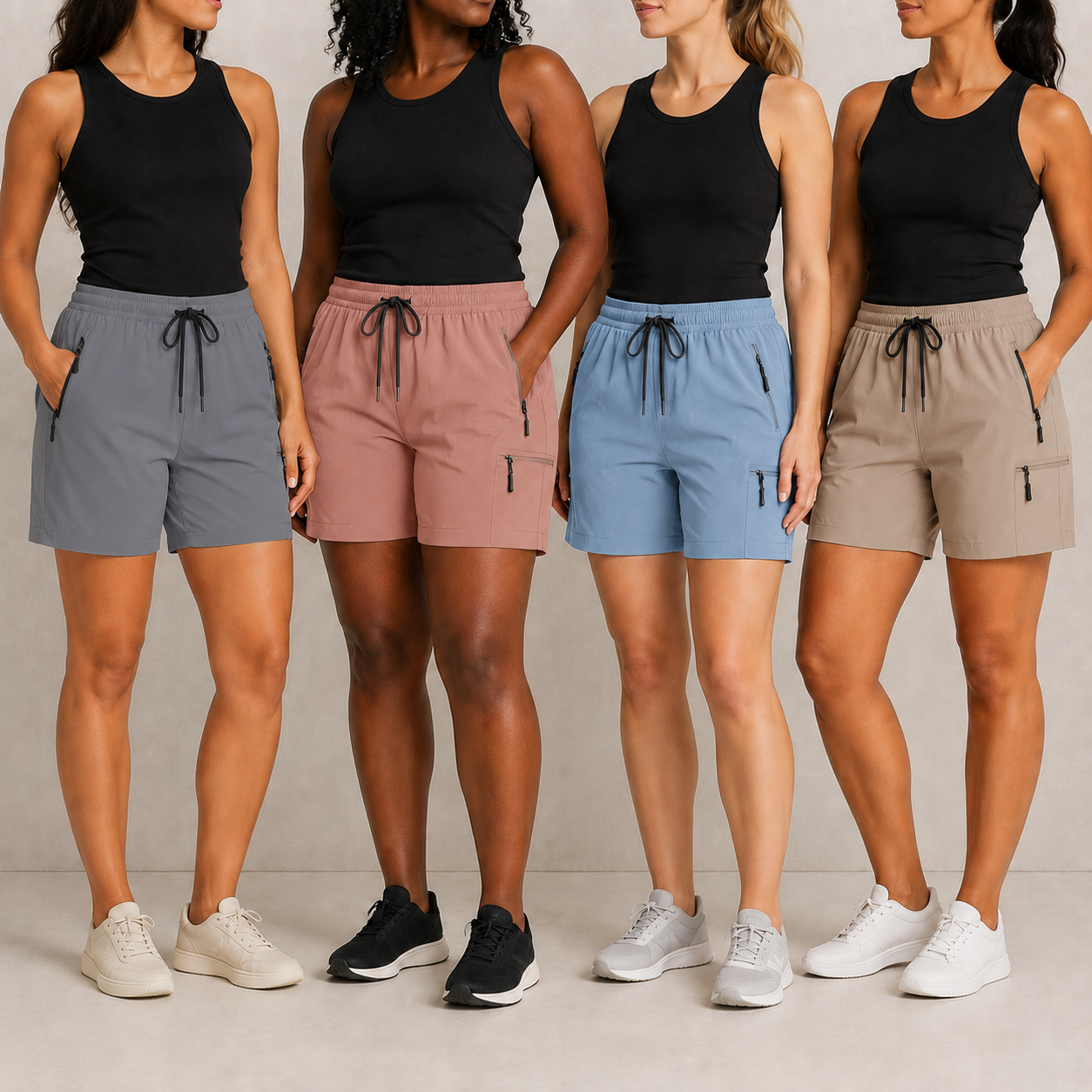 Four adult models wearing lightweight drawstring cargo shorts in soft color options