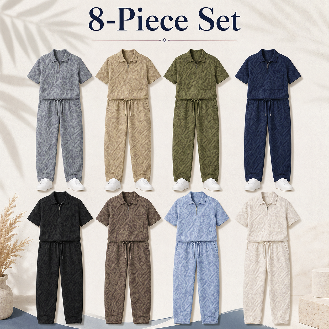 Mixed 8-Pack men's textured half-zip polo and pants set
