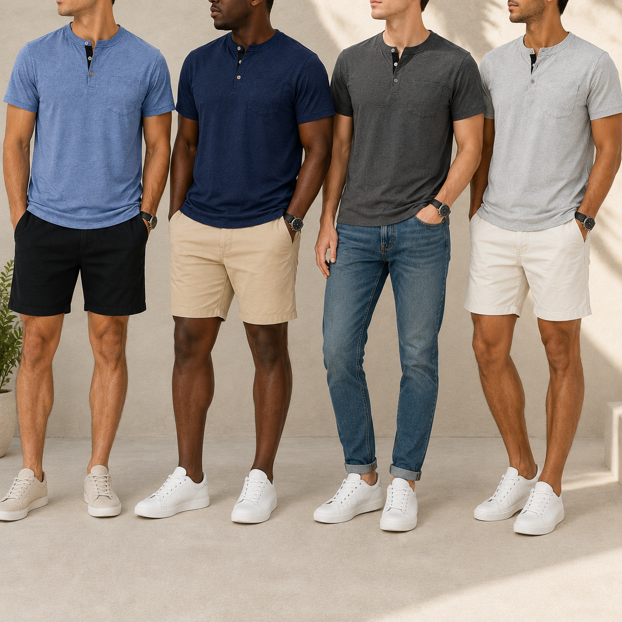 Four male models wearing heathered Henley T-shirt colors
