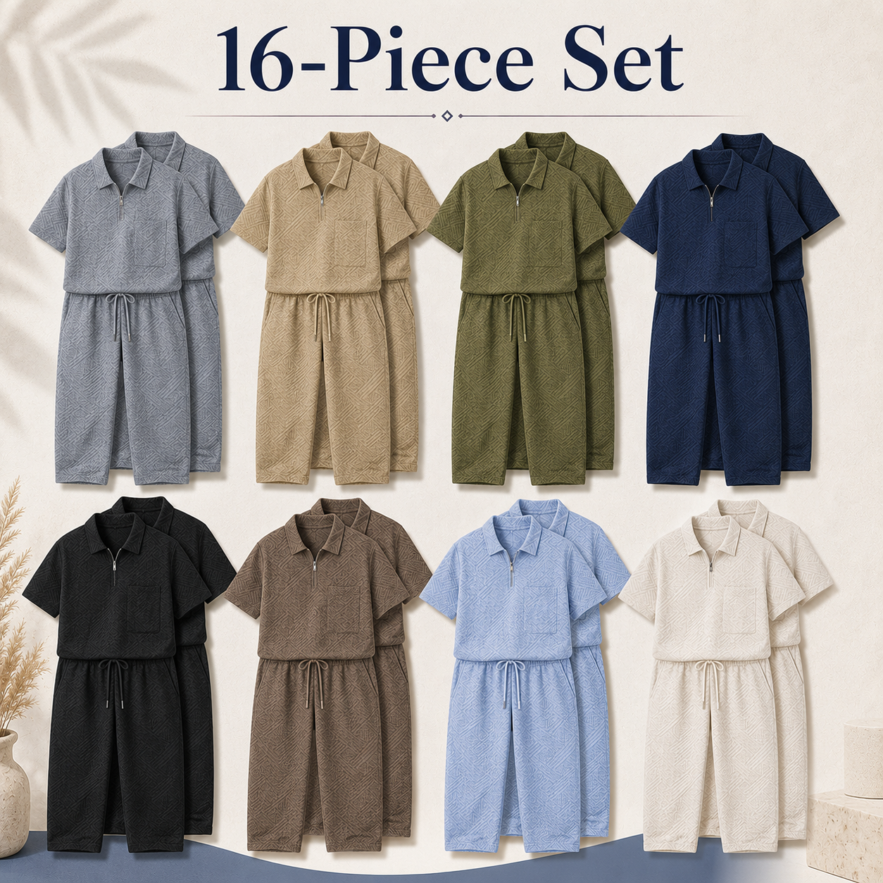 Mixed 16-Pack men's textured half-zip polo and pants set