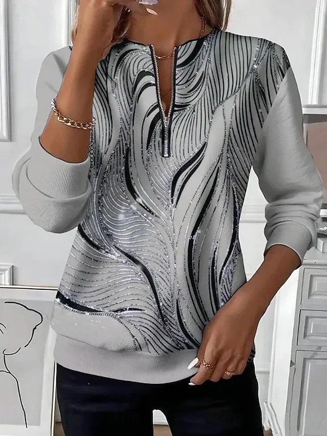 🔥CLEARANCE SALE🔥 ✨Women’s Casual Top Color Block Print Zip V-Neck Long Sleeve Blouse