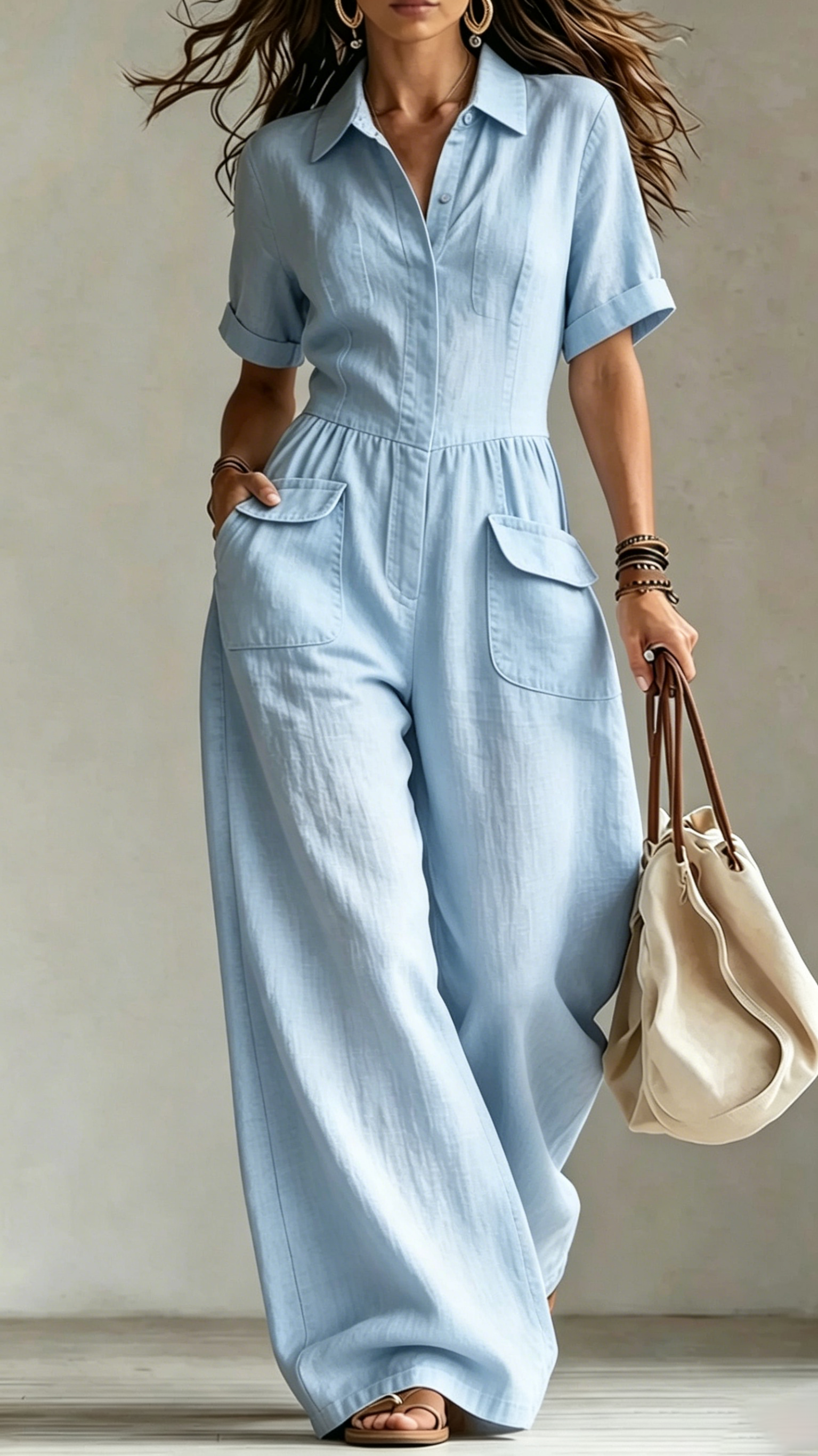 Breathable Linen-Cotton High Neck Short Sleeve Jumpsuit