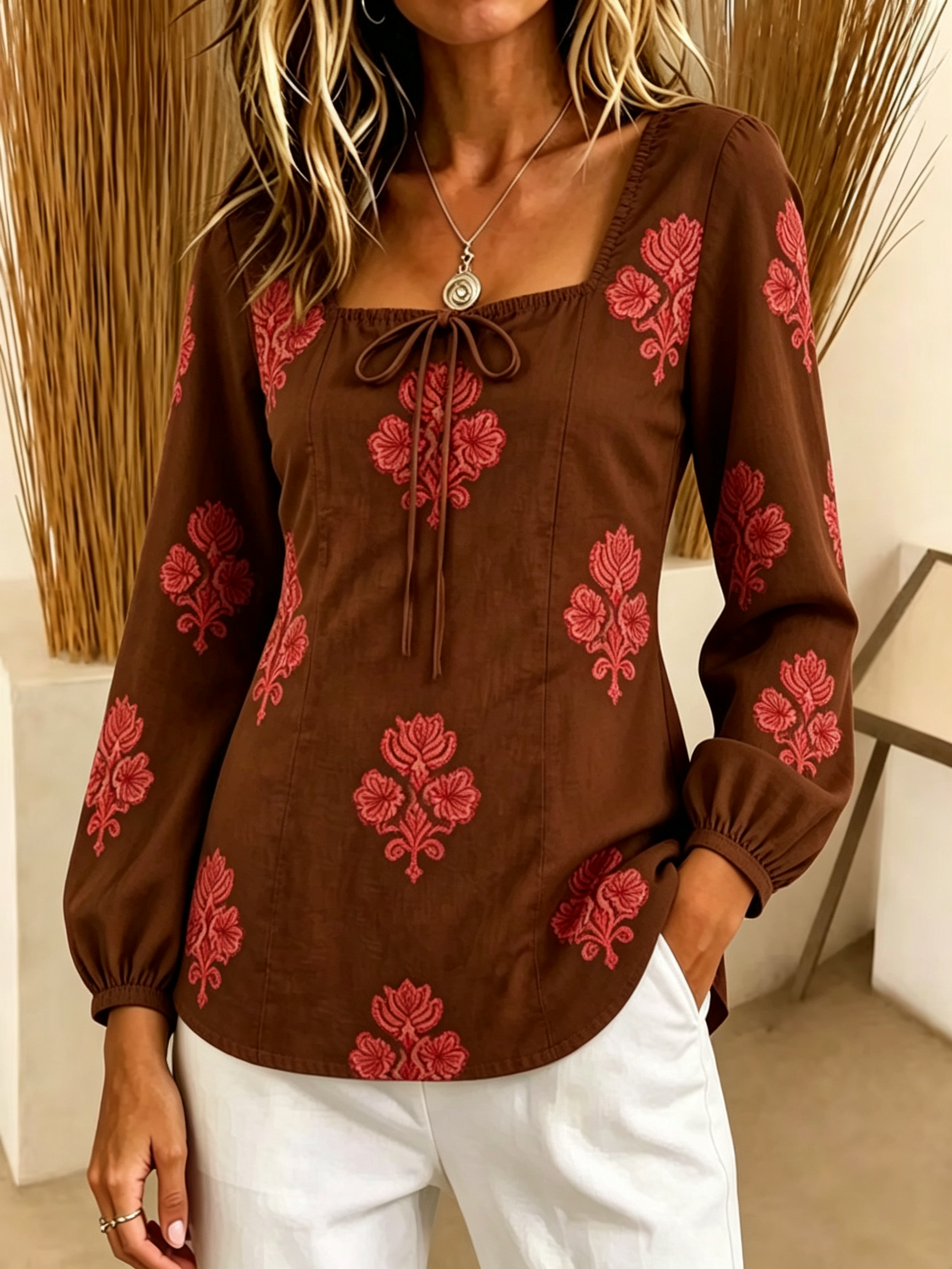 Women Floral Embroidered Square-Neck Blouse