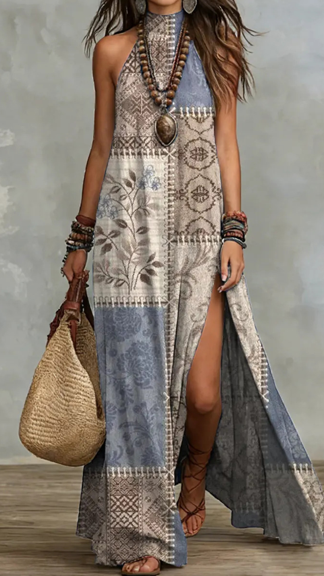 Women's Cotton-Blend Printed Halter Slit Maxi Dress