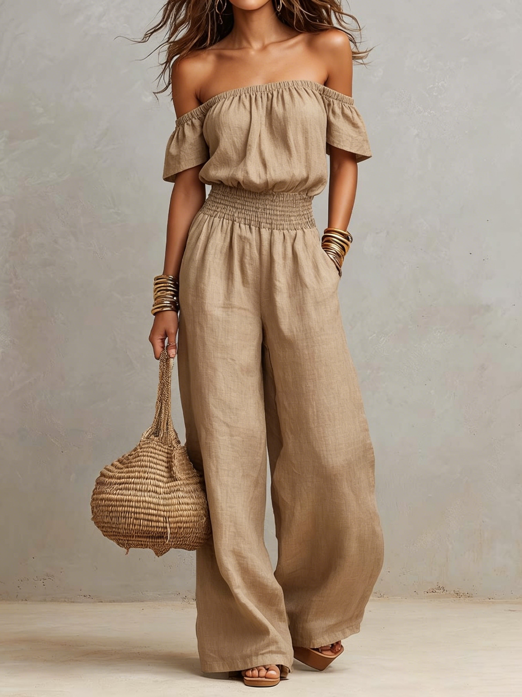 Linen-Look Off-Shoulder Smocked Waist Jumpsuit