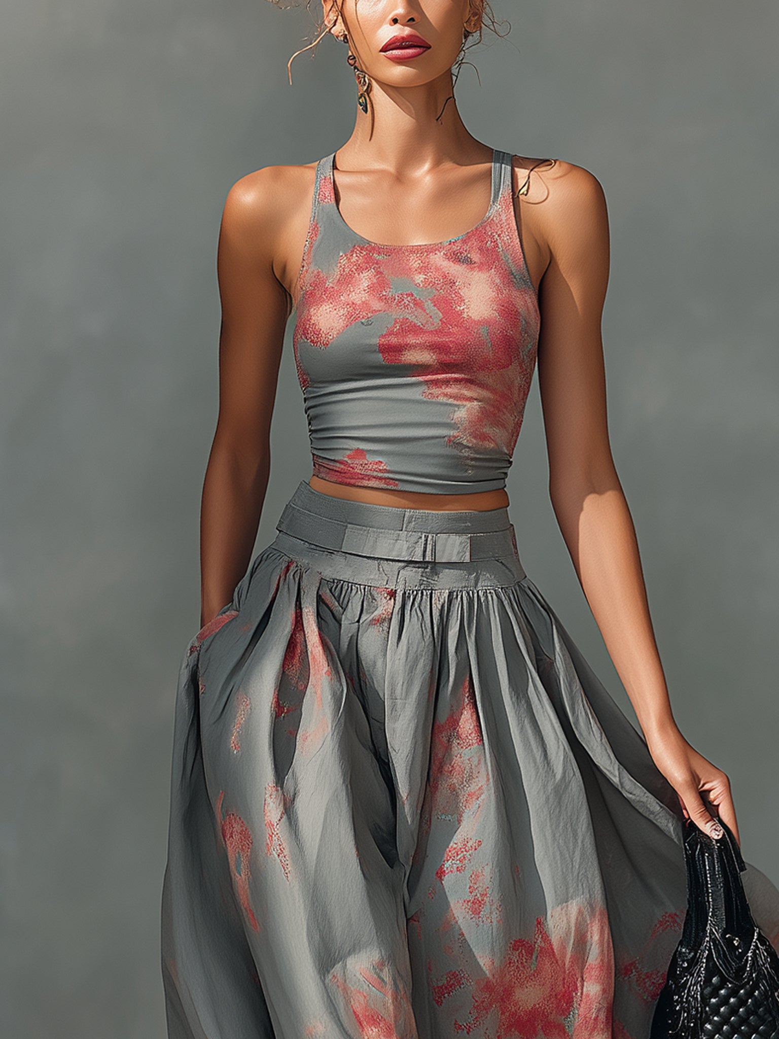 Gray Patterned Stretch Top and Cotton Skirt Set