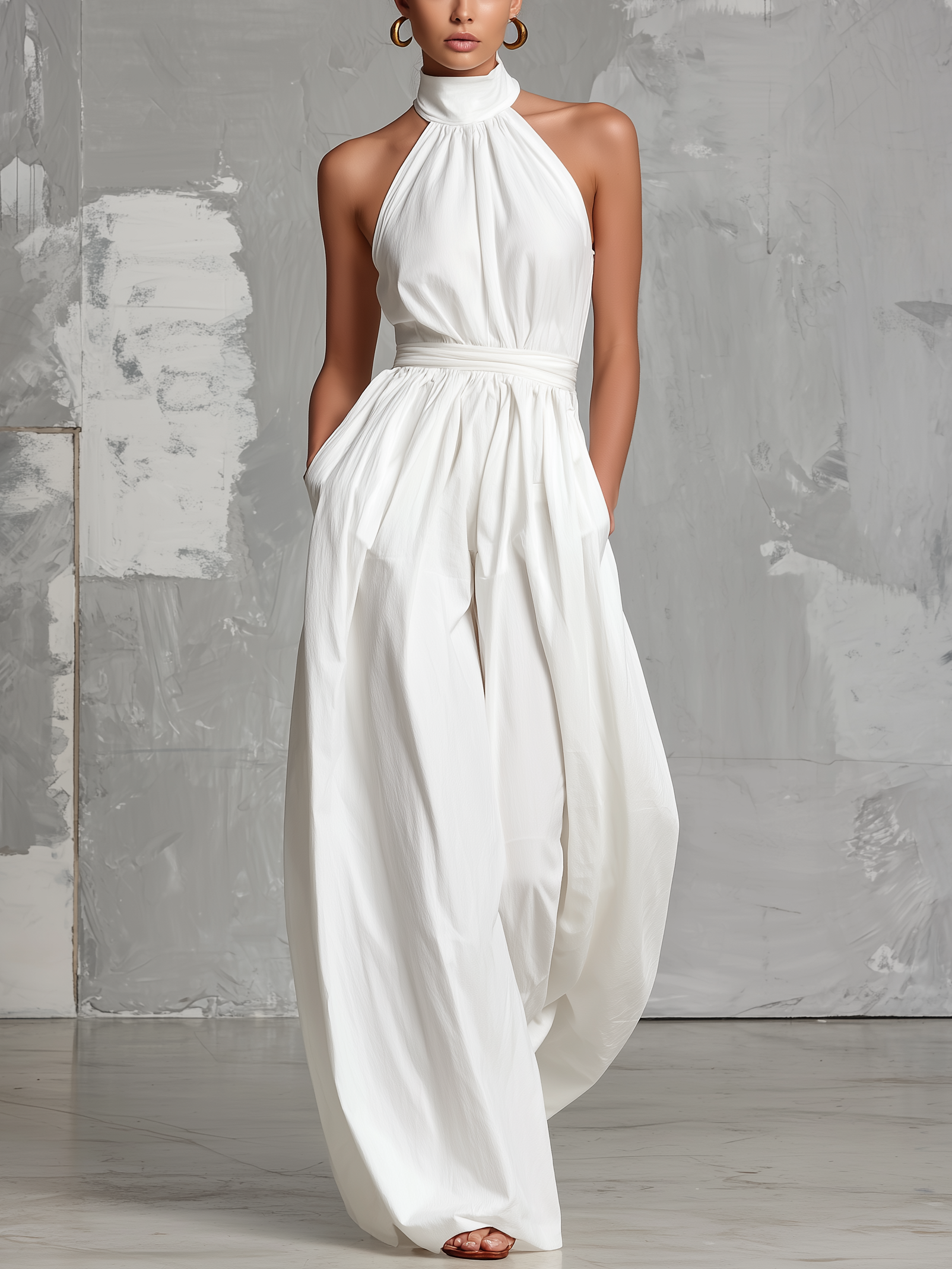 Women's Elegant White Woven Sleeveless Halter-neck Jumpsuit