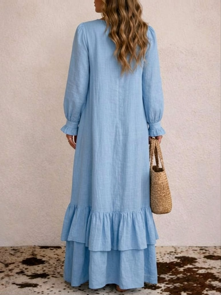 Light Blue Boho Cascade Ruffle Maxi Dres