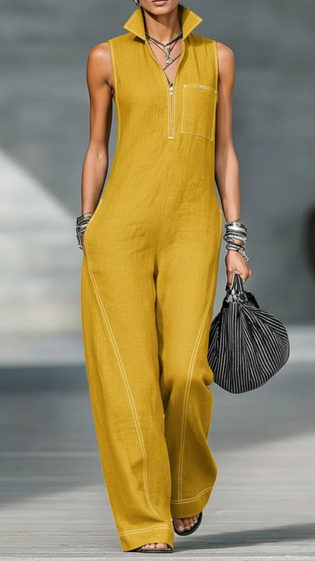 Women's Cotton-Blend Stitched Detail Sleeveless Wide-Leg Jumpsuit