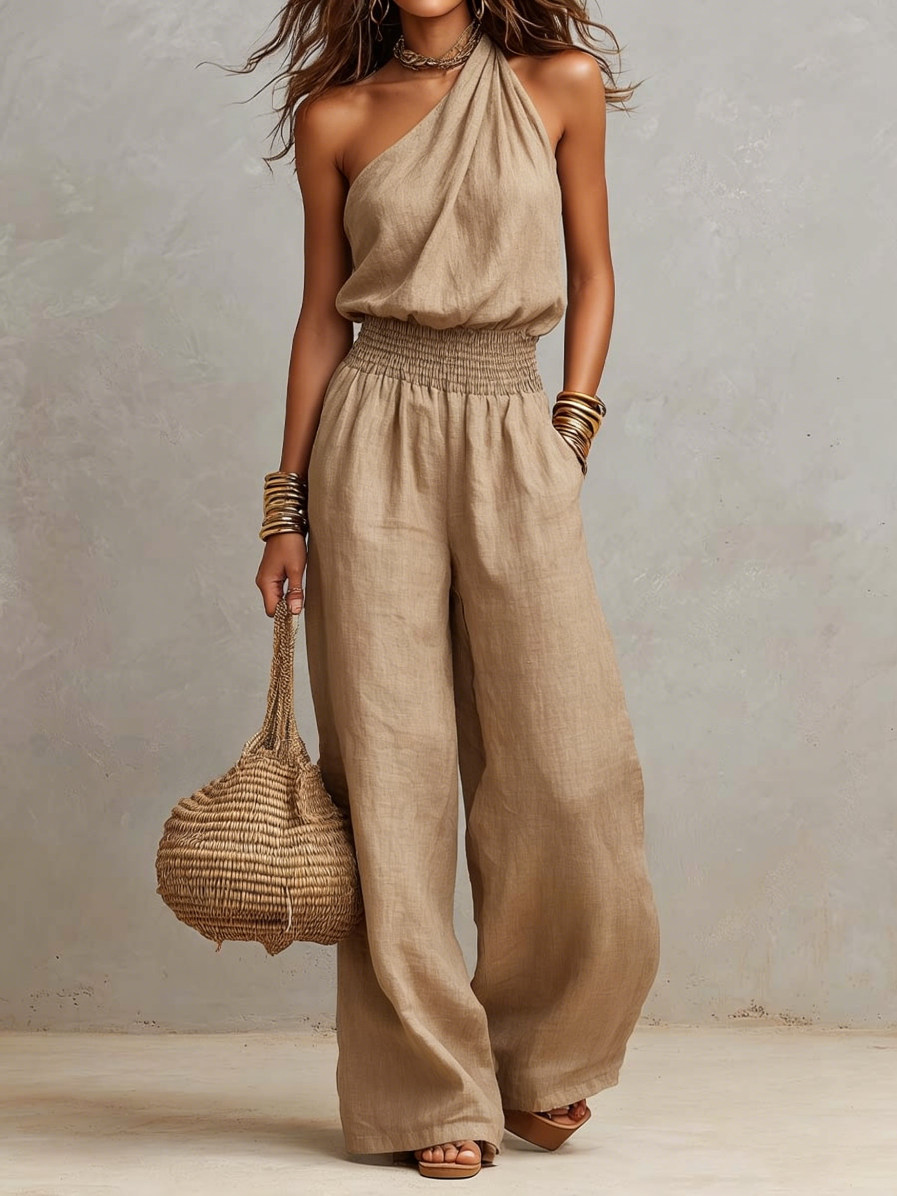 Chic Draped Halter Smocked Waist Wide Leg Jumpsuit
