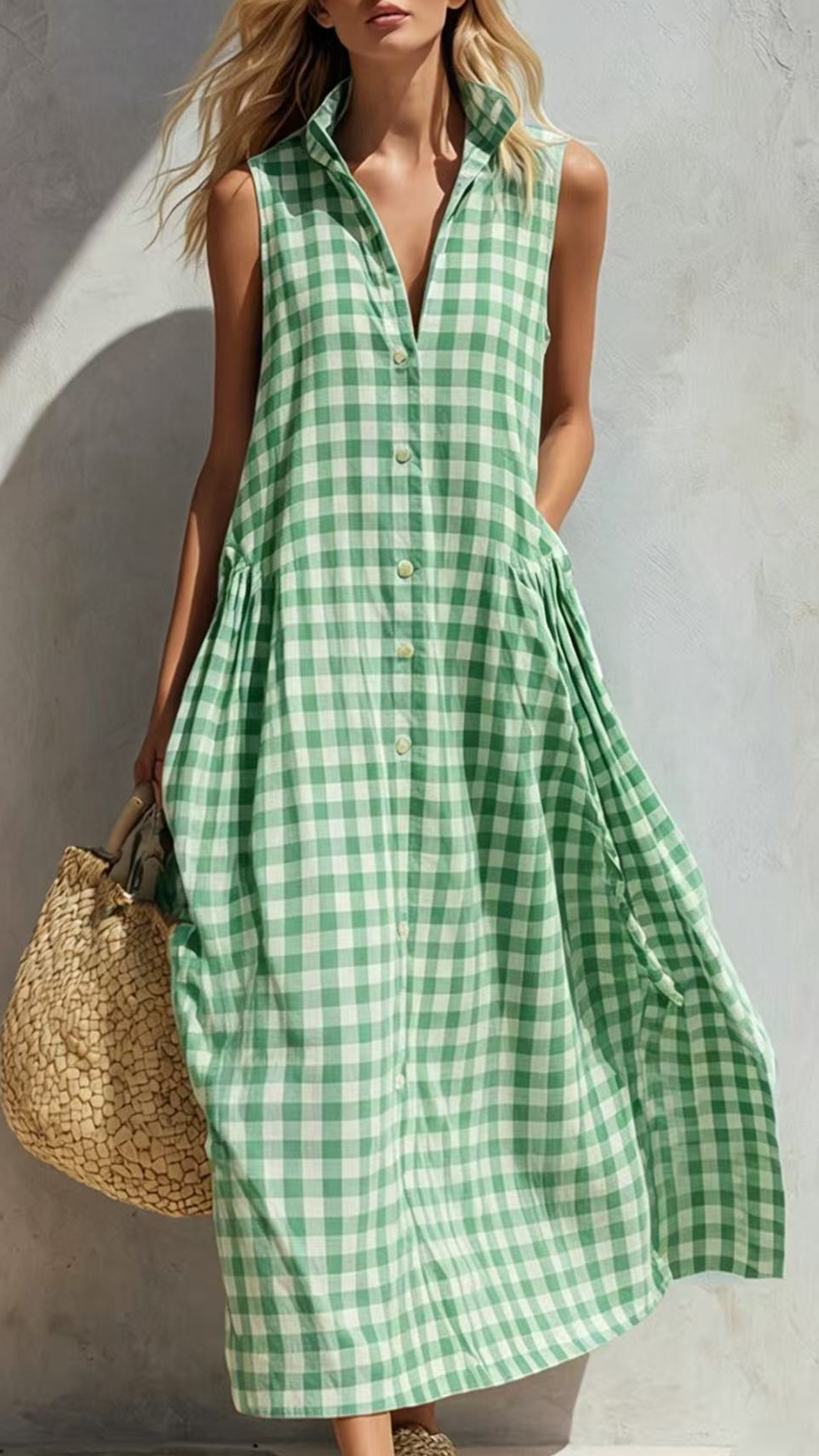 Women's Cotton-Blend Blue and White Gingham Sleeveless Shirt Maxi Dress
