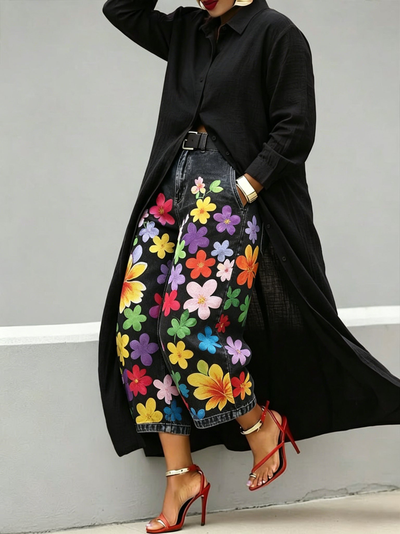 Women's High Waist Floral Print Cropped Straight Leg Jeans