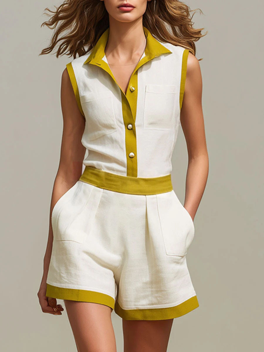 Women's Solid-color Button-front Cardigan & Striped Cotton-linen Casual Two-piece Set