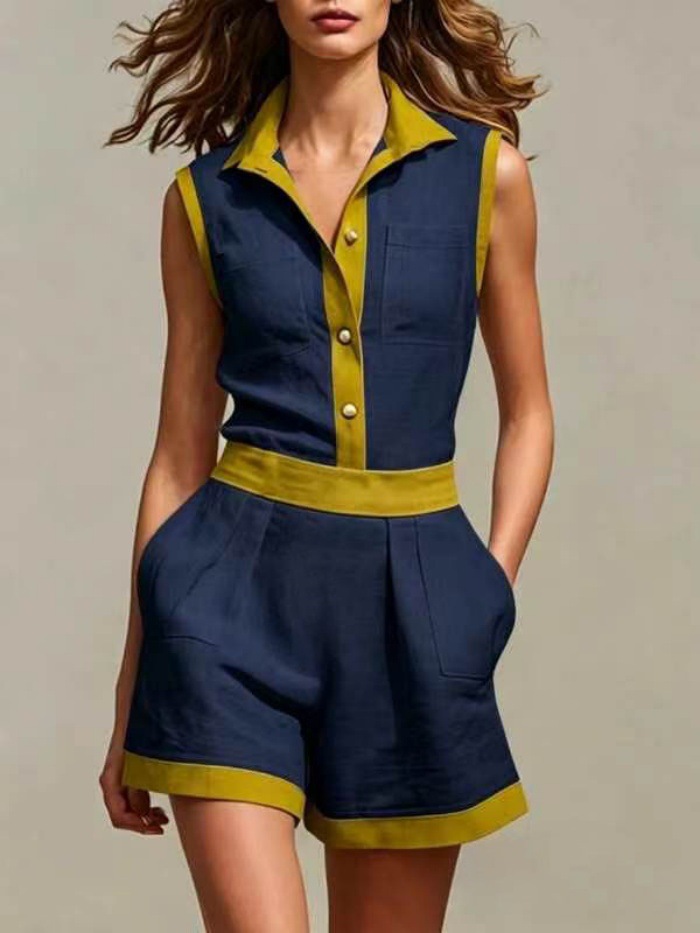 Women's Solid-color Button-front Cardigan & Striped Cotton-linen Casual Two-piece Set