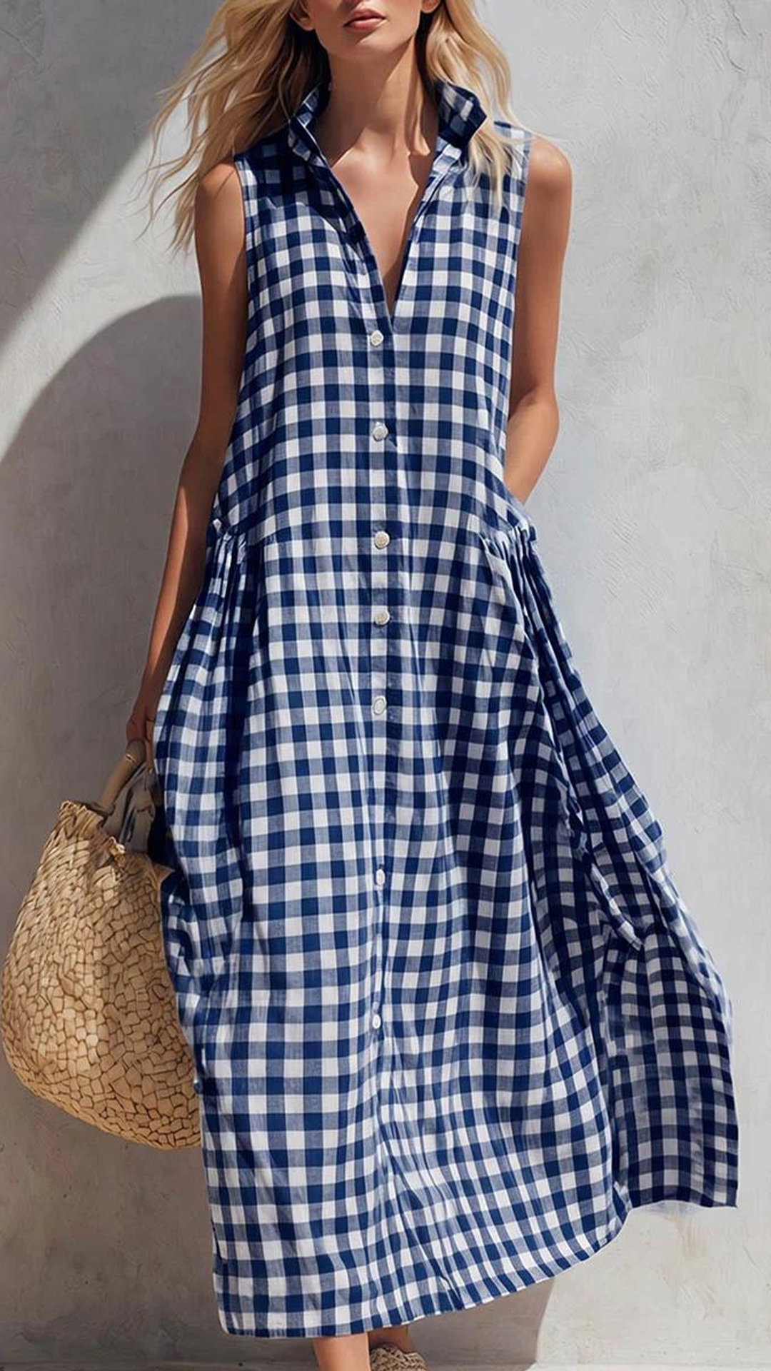 Women's Cotton-Blend Blue and White Gingham Sleeveless Shirt Maxi Dress