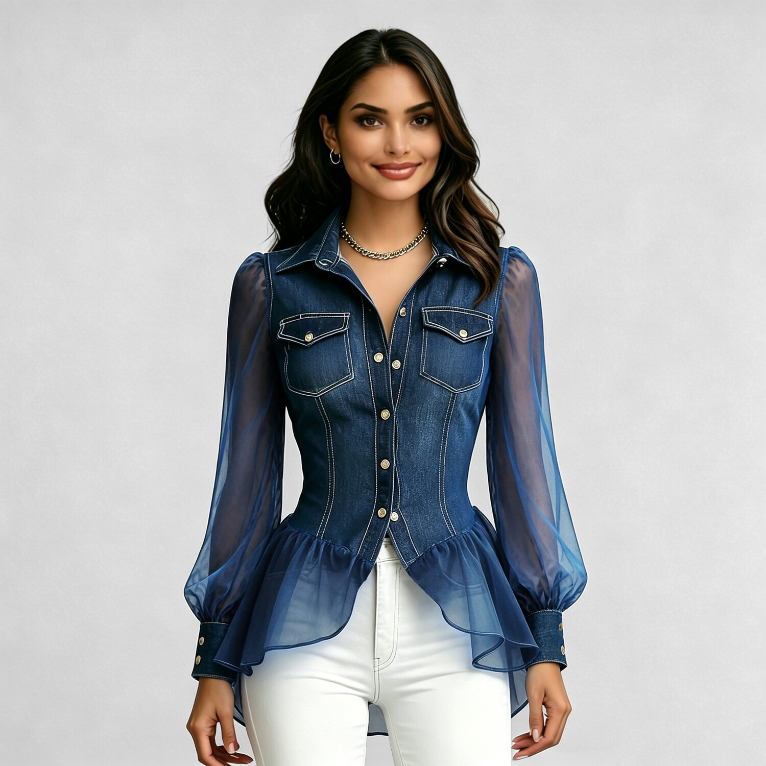 Women's Denim Patchwork Organza See Through Puff Sleeve Button Pockets Peplum Blouse