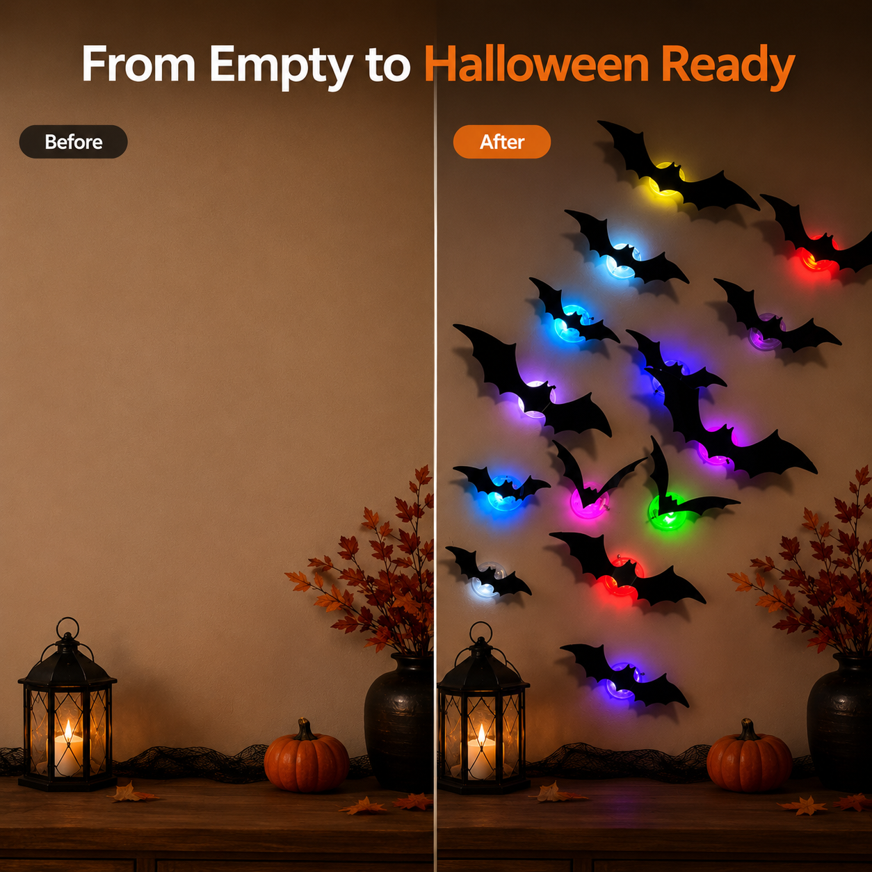 Before and after Halloween bat wall decoration transformation