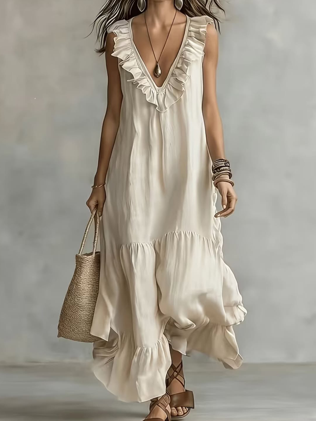 Ruffle Trim V-Neck Maxi Dress – Sleeveless Loose Fit Flowy Vacation Dress