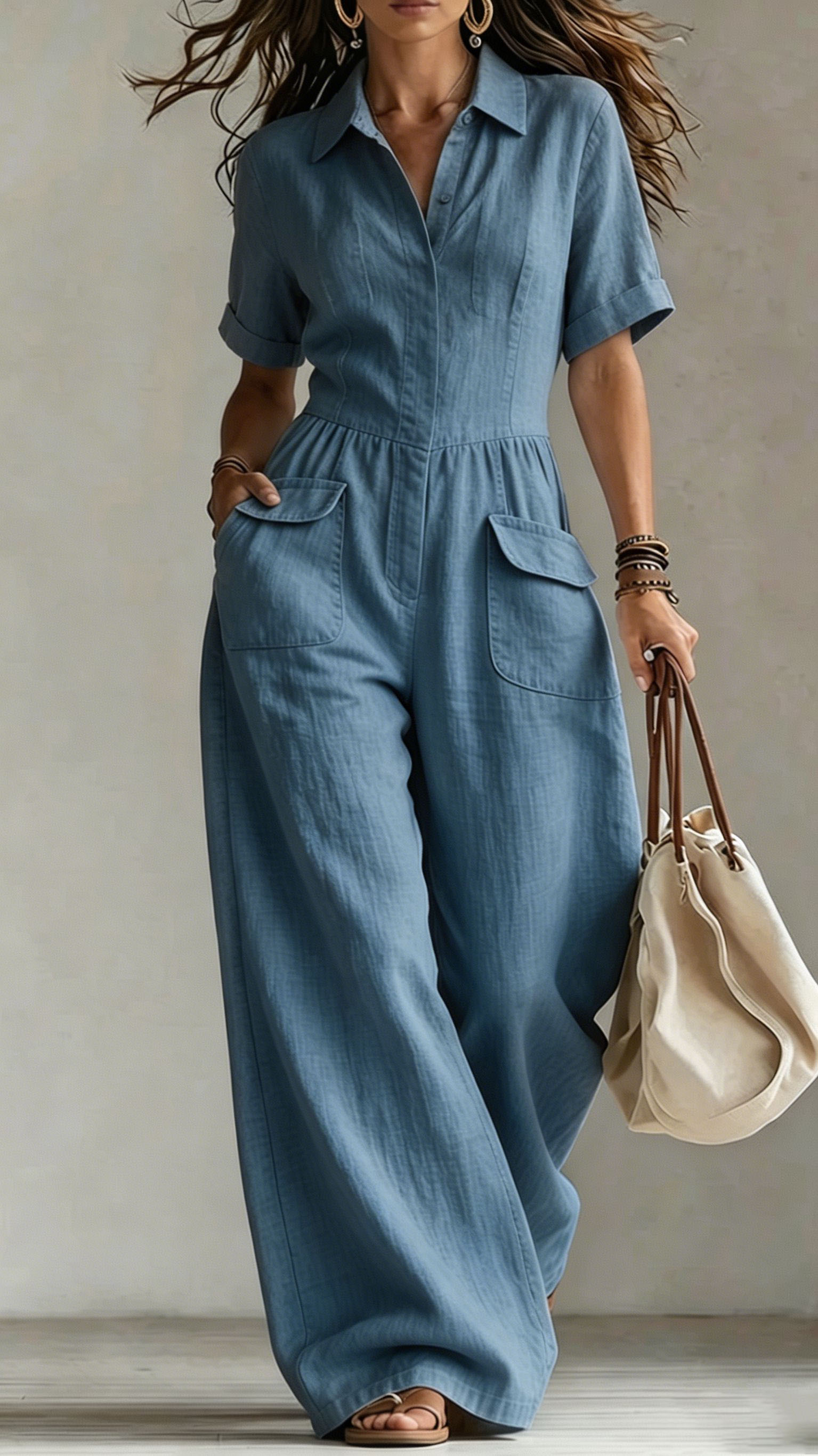 Women's cotton and linen loose sleeveless suspender jumpsuit