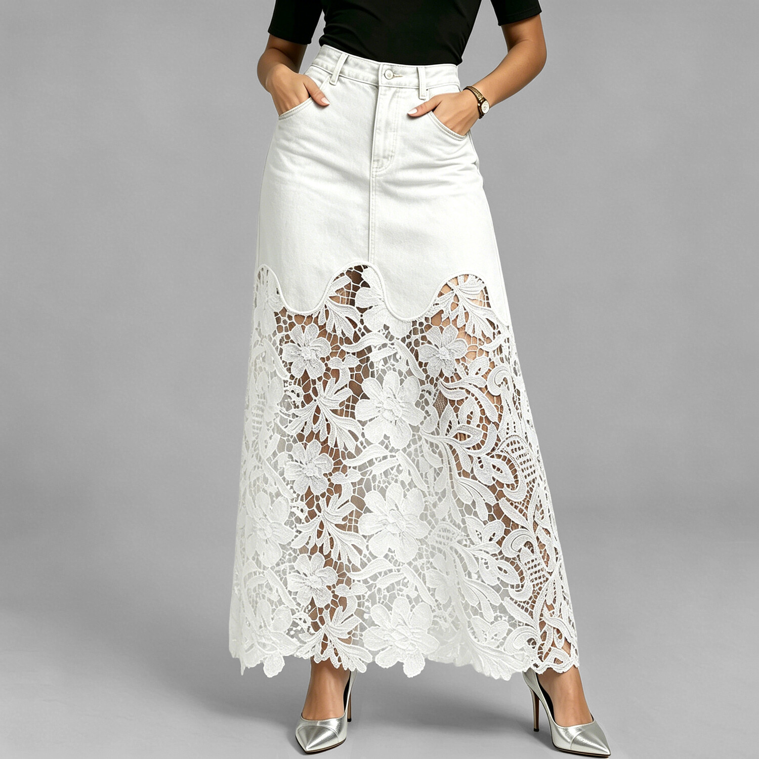 Women's Cutout Openwork Lace Patchwork Pocket High Waisted Denim Maxi Skirt
