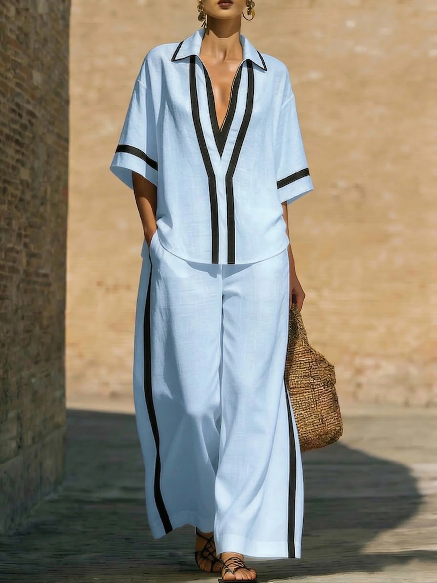 Contrast Trim V-Neck Shirt & Wide-Leg Pants Set